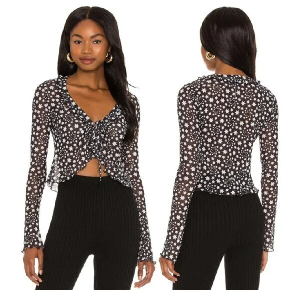Free People Marne Star Print Sheer Mesh Tie Front‎ Coquette Blouse Top Size S